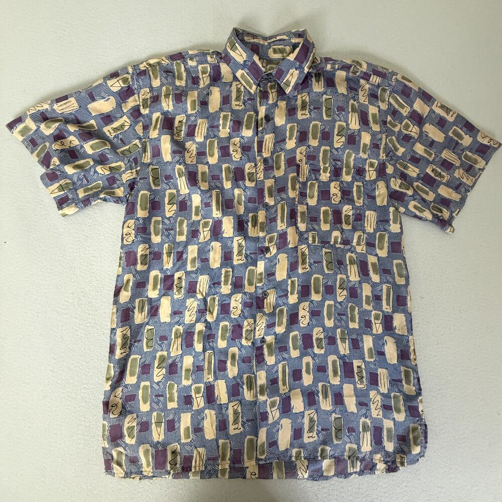 Robert Stock Silk Short Sleeve Button Front Shirt Blue Abstract One Size